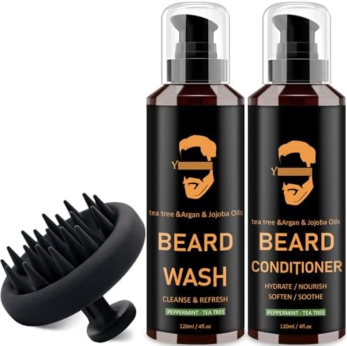 Beard Wash, Beard Conditioner & Beard Brush Set w/Argan & Tea Tree Oils - Mint Tea Tree Scent - Softens & Strengthens, Shine, Reduce Itchy - Deeply Cleanse 2 x 4 Fl Oz 120ML