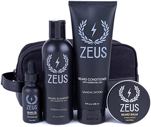 ZEUS Everyday Beard Kit with Travel Toiletry Dopp Bag – Beard Wash Shampoo & Conditioner, Natural Beard Oil, Beard Balm & Travel Toiletry Bag (Sandalwood)