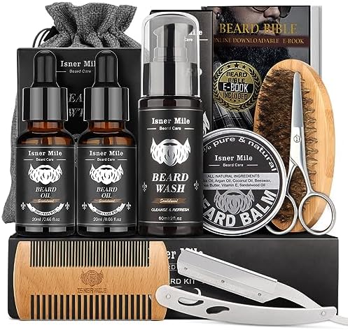 Isner Mile Beard Kit for Men, Grooming & Trimming Tool Complete Set with Shampoo Wash, Beard Care Growth Oil, Balm, Brush, Comb, Scissors & Storage Bag, Perfect Gifts for Him Man Dad Father Boyfriend