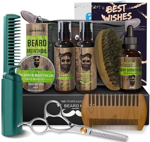 caqorzo Beard Straightener Kit for Men Beard Grooming Kit/Beard Wash/Condition/Oil/Balm, Potable Hair Straightener Comb, Double-teeth Thinning Shears, Beard Comb Brush Beard Kit & Skincare Bag