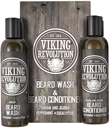 Viking Revolution Beard Wash & Beard Conditioner Set w/Argan & Jojoba Oils – Softens, Smooths & Strengthens Beard Growth - Natural Peppermint and Eucalyptus Scent - Beard Shampoo w/Beard Oil (5 oz)