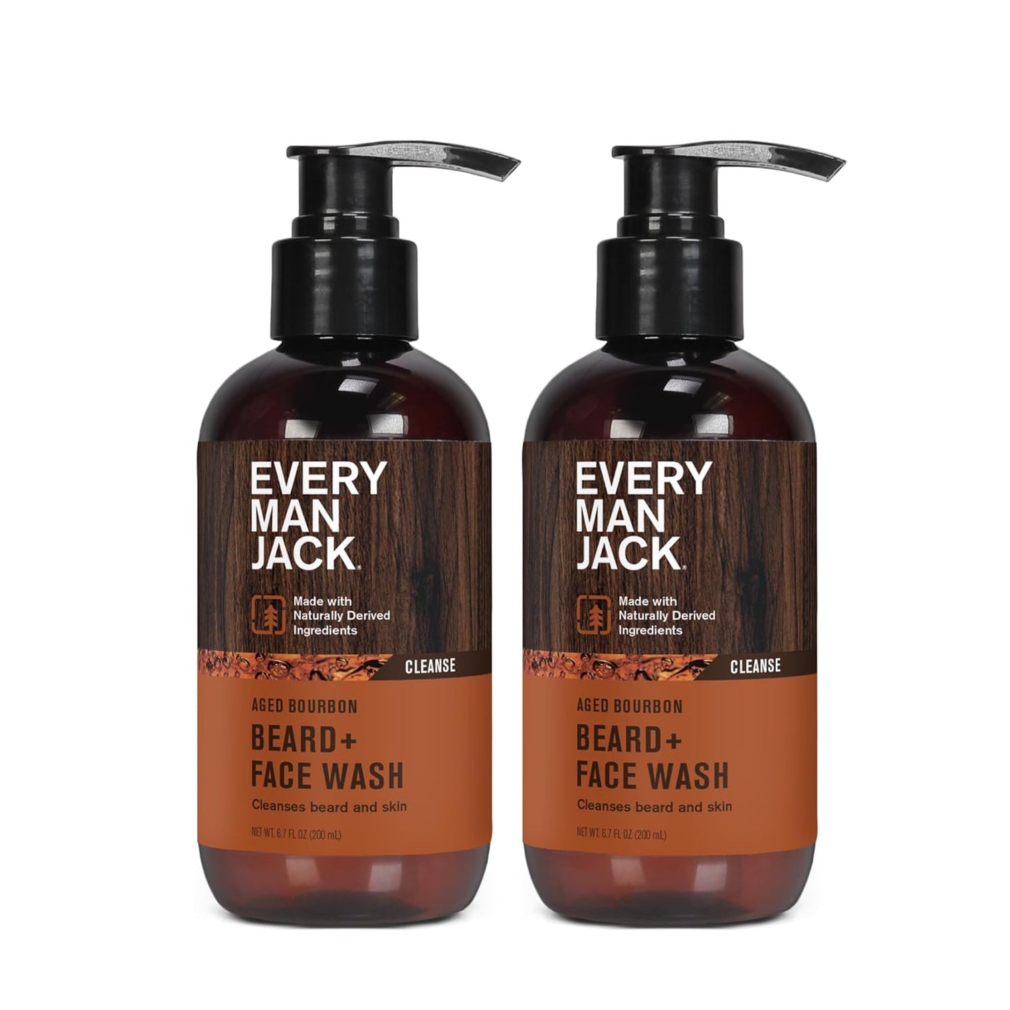 Every Man Jack Beard + Face Wash - Subtle Aged Bourbon Fragrance - Cleans and Helps Condition and Soften Your Beard and Skin Underneath - Naturally Derived with Aloe and Glycerin- 6.7-ounce 2 pack