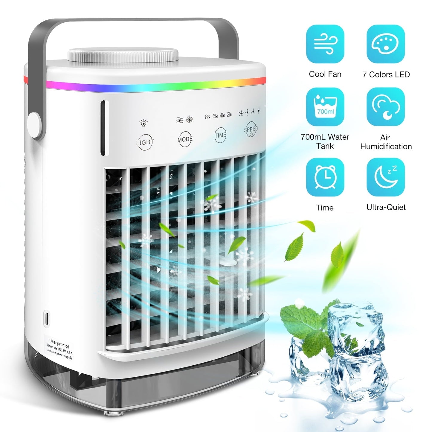 HailiCare Mini Portable Air Conditioner. 6-in-1 Evaporative Coolers with Mist Sprayer Function.Air Cooler with 4 Speeds and 7 Color LED Light for Home Bedroom Office