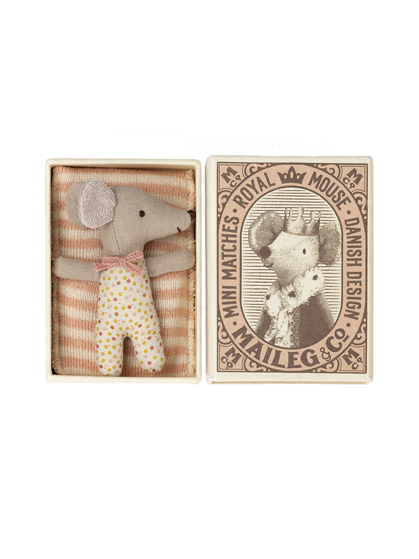 Maileg Sleepy Wakey Baby Mouse in Matchbox Rose Weston Table