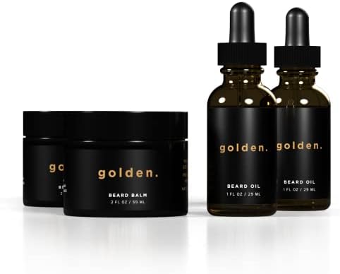 Golden Grooming Co. Beard Oil & Beard Balm Bundle for Men - Natural & Organic Beard Growth Kit - Valentines Gift for Men - Moisturize Beard & Mustache - Infused with Shea Butter - 4 Piece Set