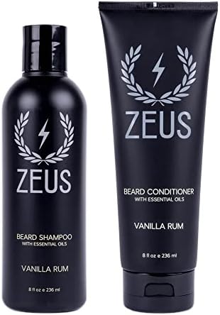 ZEUS Beard Wash & Beard Conditioner Set with Green Tea for Men, Soften, Hydrates & Moisturizes - MADE IN USA (Vanilla Rum)