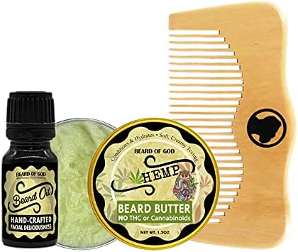 Hemp - Nourishing Beard Oil, Thick-Whipped Butter, Wood Comb & Travel Pouch - Pure, Organic & Made in USA by Beard of God