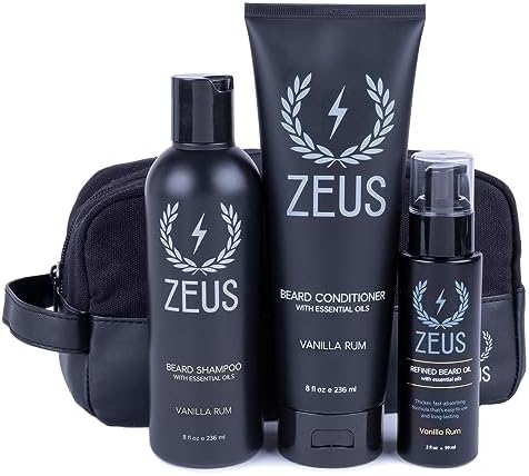 ZEUS Beard Starter Kit for Thick Beards with Travel Toiletry Dopp Bag - Natural Beard Shampoo, Beard Conditioner, Refined Beard Oil & Travel Toiletry Bag (Vanilla Rum) MADE IN USA