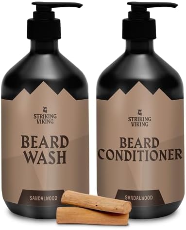 Striking Viking Beard Wash Conditioner Sandalwood Scent - Beard Shampoo Paraben & Sulfate Free for Men - Deep Cleansing for all Beard Types (Beard Wash & Conditioner (Sandalwood))