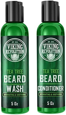 Viking Revolution Tea Tree Oil Beard Wash and Beard Conditioner For Men - Natural Beard Softener Set with Argan Oil, Vitamin E and Ginseng - Tea Tree Beard Shampoo and Conditioner Set (5 Oz)