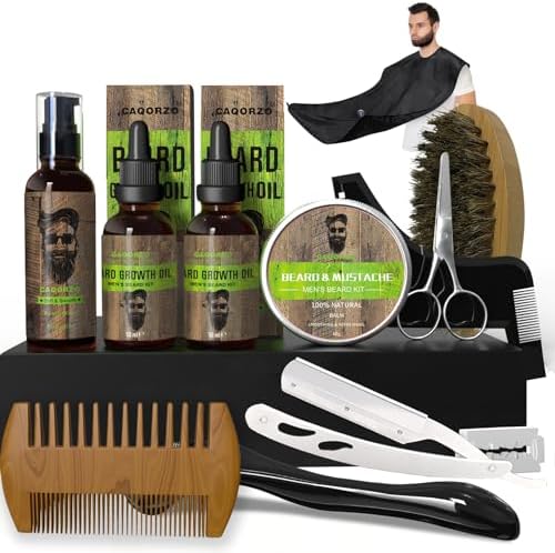 caqorzo Beard Grooming Kit, Men's Beard Kit with 2 PACK Beard Oil, Beard Wash, Beard Balm, Beard Brush, Beard Comb, Razor, Christmas Gift Set for Fathers, Boyfriends and Husbands