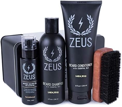 ZEUS Deluxe Beard Wash & Care Set – With Beard Wash, Refined Beard Oil & Palm Beard Brush (Sandalwood)