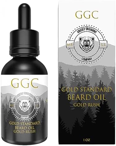 Grizzly Grooming Co. Gold Standard Beard Oil, Infused with Argan, Jojoba & Sweet Almond Oil, Promotes Healthy Hair Growth, Reduces Itch & Flakiness, Signature Gold Rush Scent