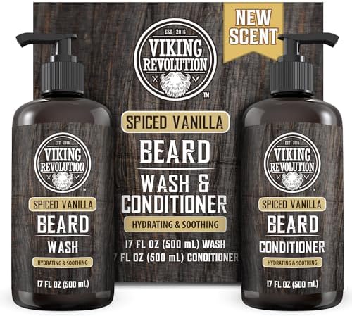 Viking Revolution Beard Wash and Beard Conditioner for Men with Argan Oil and Jojoba Oil - Beard Softener and Strengthener Beard Care Beard Shampoo and Conditioner with Beard Oil (17oz Spiced Vanilla)