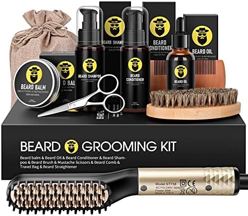 Beard Growth Kit, Beard Kit, Beard Growth Oil, Beard Straightener, Beard Wash Shampoo, Conditioner, Balm, Wax, Comb, Brush, Scissor, Bag, Gifts for Men Him Dad Boyfriend