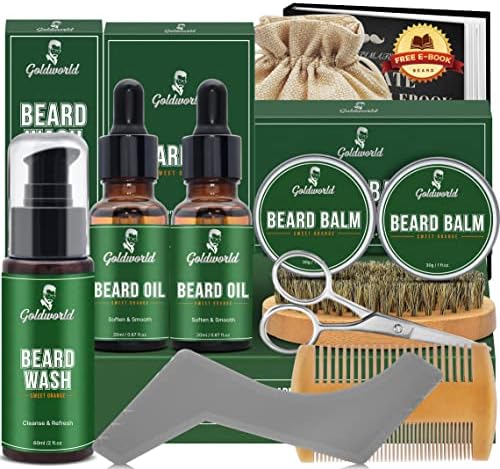 Beard Kit,Beard Grooming Kit w/2 Pack Beard Oil&2 Pack Beard Balm,Christmas Stocking Stuffers Gifts for Men Him Husband Dad Boyfriend,Shaving Kit w/Beard Wash Comb Brush (Orange)