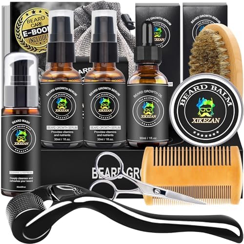 XIKEZAN Beard Kit,Beard Grooming Care Kit w/Beard Wash,2 Pack Beard Serum,Beard Oil,Balm,Comb,Brush,Scissor,Bag,E-Book,Mens Stocking Stuffers for Men,Valentines Day Gifts for Him Boyfriend Husband