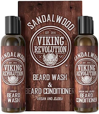 Viking Revolution Beard Wash & Beard Conditioner Set w/Argan & Jojoba Oils - Softens & Strengthens - Natural Sandalwood Scent - Beard Shampoo w/Beard Oil (5oz)