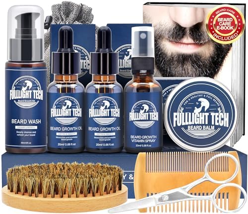 FULLLIGHT TECH Beard Grooming Kit,Beard Kit for Men Gifts Stocking Stuffers for Christmas,Beard Vitamin Spray,Beard Oil,Wash/Shampoo,Balm,Comb,Brush,Scissors,E-book Birthday Gifts for Dad Husband Him