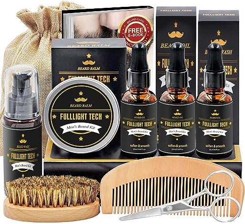 FULLLIGHT TECH Beard Kit for Men Grooming & Care W/Beard Wash,3 Packs Beard Oil,Beard Balm Comb,Brush Scissors,Beard Care Gifts for Men Him Husband
