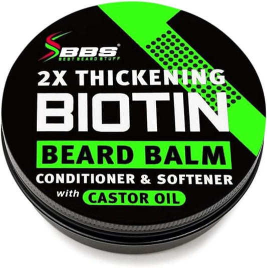 2X Thickening Biotin Beard Balm & Mustache Wax - Vegan Leave-In Conditioner, Natural Softener, Moisturizer with Castor Oil - All-Natural Care for Thicker Facial Hair Growth - USA Made