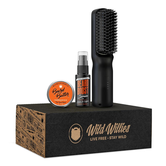 Wild Willies Beard Balm Leave-in Conditioner, Growth Serum & Straightener Kit Premium Natural Beard Care & Growth for Thicker, Fuller Healthier Beard - 2-in-1 Ionic Styling Brush for Beard & Hair