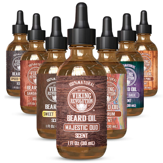 Viking Revolution Majestic Oud Beard Oil for Men - Natural Mens Beard Oil with Argan Oil and Jojoba Oil - Beard Softener, Strengthens and Moisturizes - Beard Conditioner for Men (Majestic Oud,1 Pack)