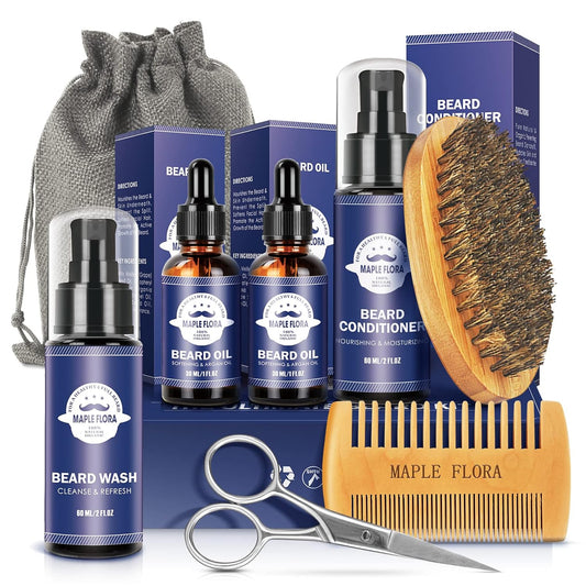 Beard Care Kit Gifts Set w/Beard Conditioner, 2 Packs Beard Oil, Beard Wash, Brush, Comb, Scissors, Bag, e-Book, Valentine's Day Present Birthday Gifts for Men Him Dad Boyfriend Husband