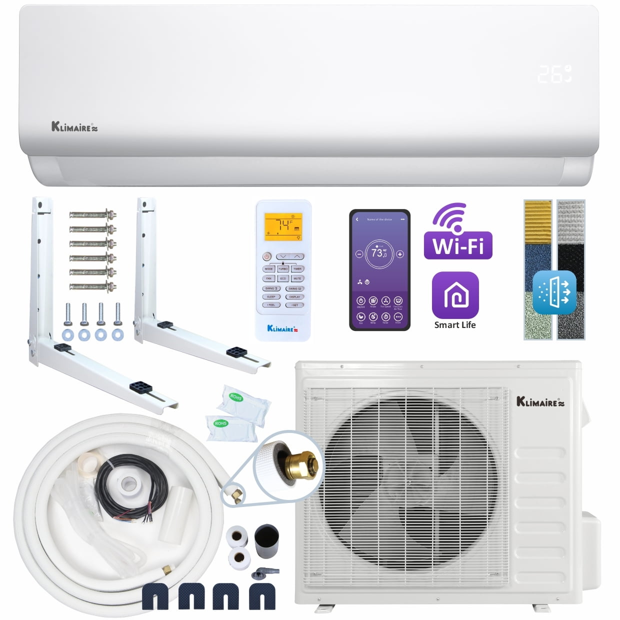 Klimaire DIY 12.000 BTU 20 SEER2 Mini-Split Heat Pump Air Conditioner w/ 25-ft Pre-Charged Quick-Connect Installation Kit & Wi-Fi -230V
