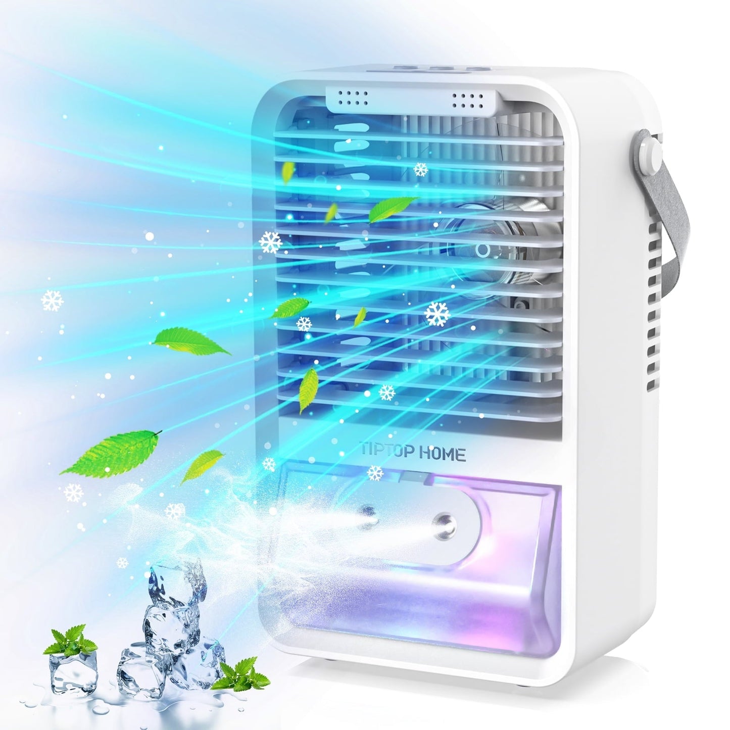 Queenmew Portable Air Conditioner Fan. 4 in 1 Mini Evaporative Air Cooler Humidifier with 7 LED Lights. 3 Wind Speeds and Aromatherapy Gray