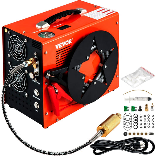 VEVORbrand PCP Air Compressor.4500PSI Portable PCP Compressor.12V DC 110V/220V AC PCP Airgun Compressor Auto-stop.with Built-in Adapter.Fan Cooling.Wire Spool Suitable for Paintball.Scuba.Air Rifle